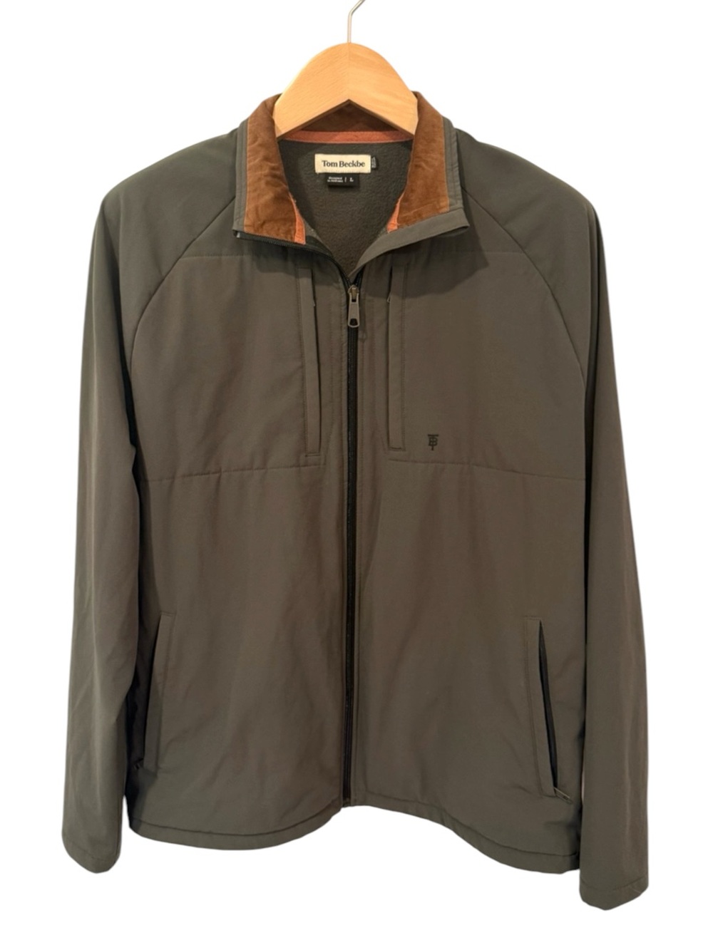 Tom Beckbe Men's Olive Softshell Fleece Lined Jacket Corduroy Collar Zip Up Sz L